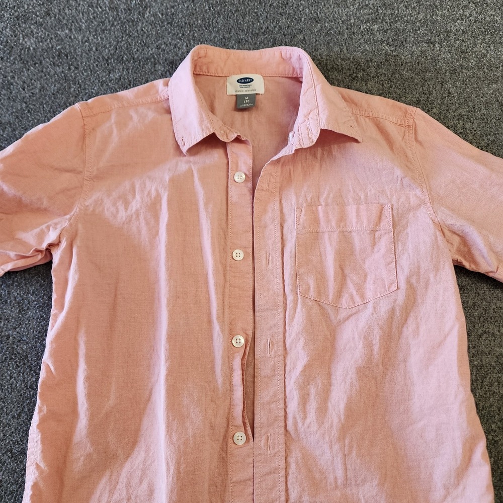 Old Navy Boys Pink Button Front Shirt Size 8 Medium Short Sleeve Stretch Pocket